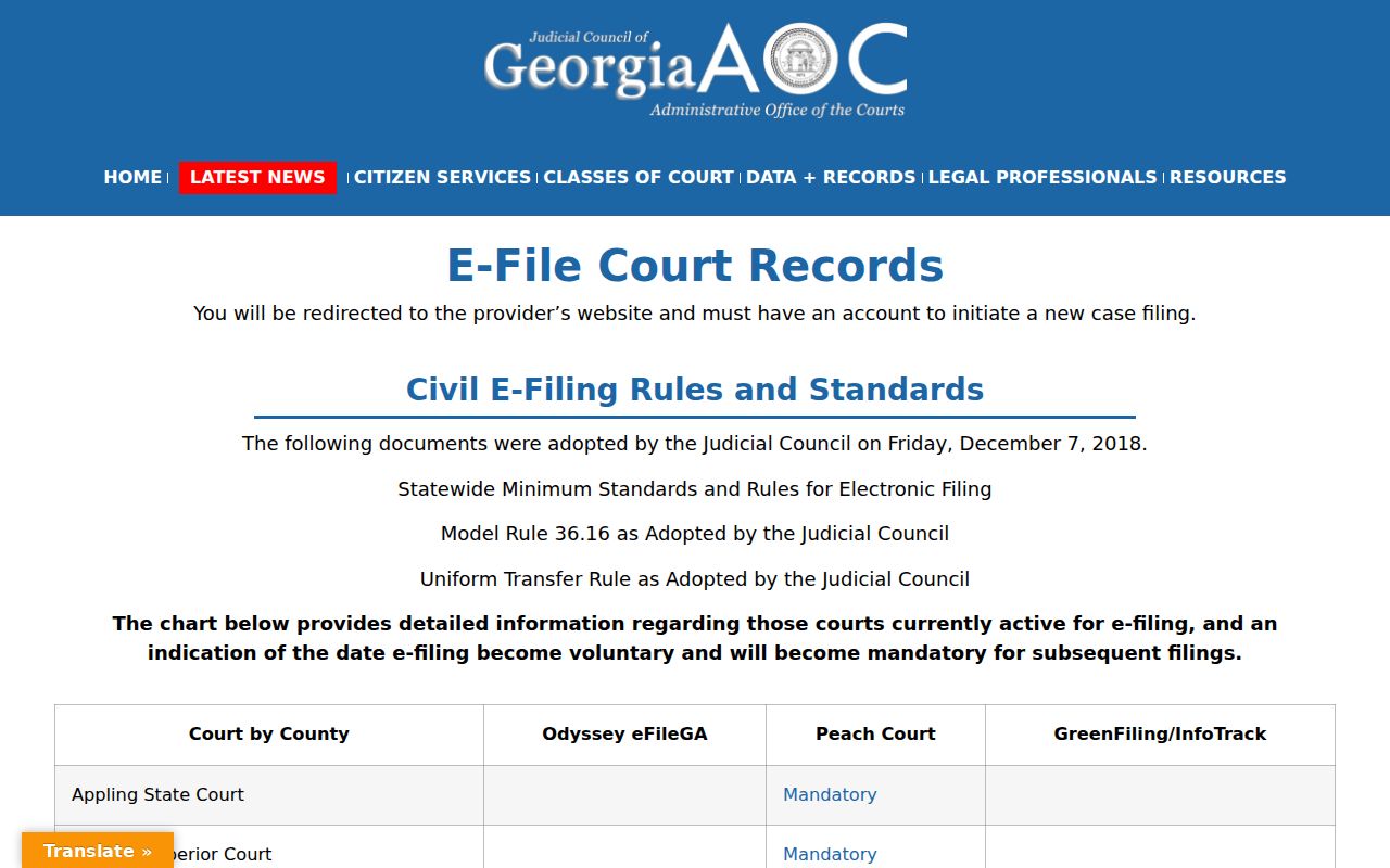 Georgia court docket e-filing vendors listed by county and court