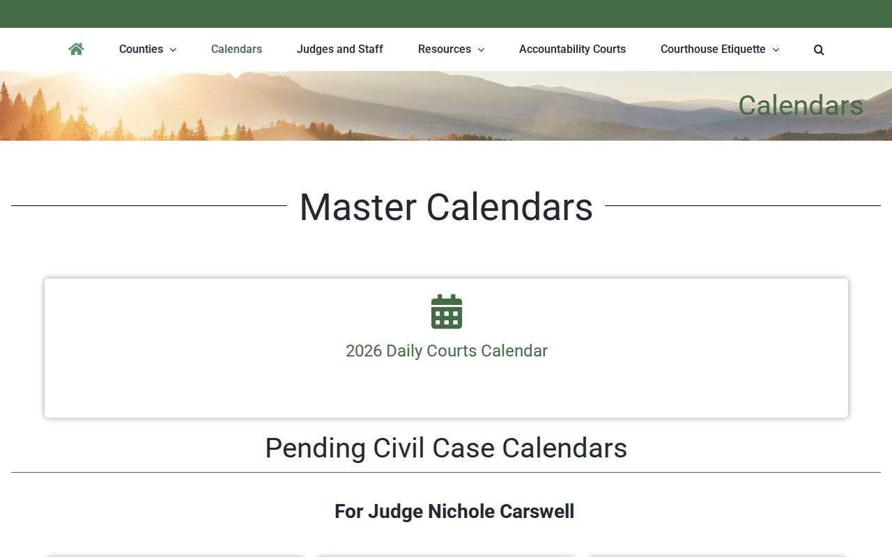 Georgia court calendar sample showing daily, civil, and master circuit schedules