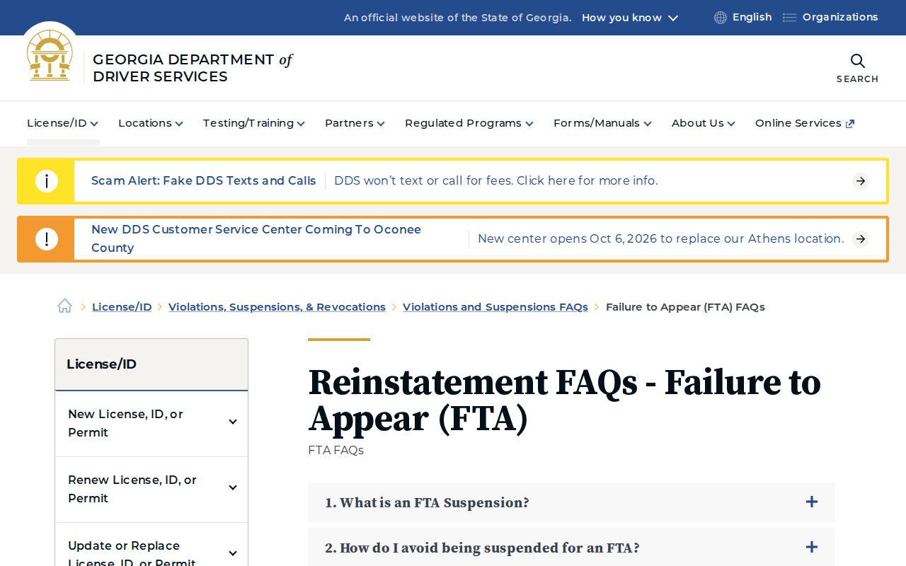 Georgia traffic FTA and driver record suspension guidance from DDS
