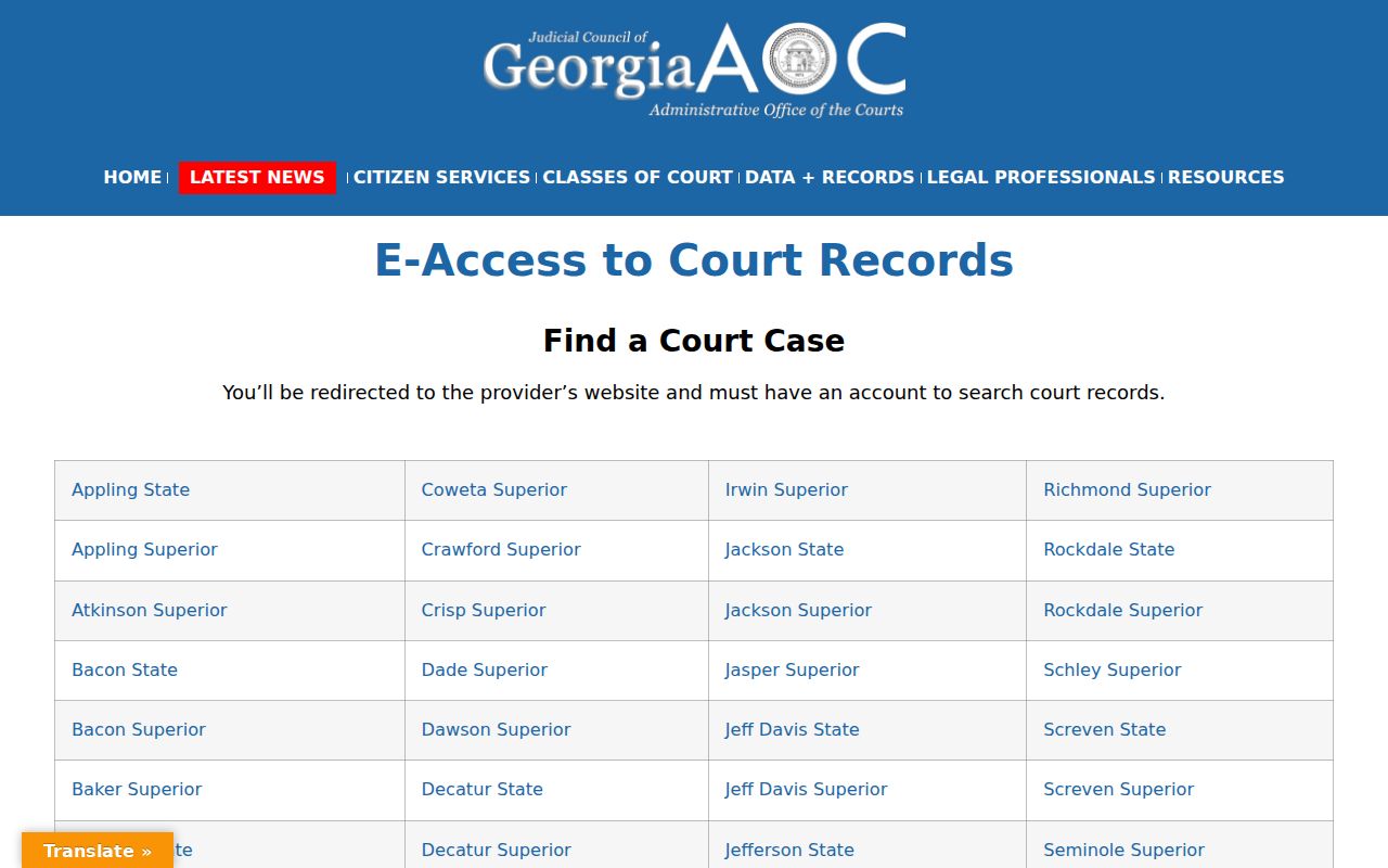 Georgia court docket access directory with county and court links