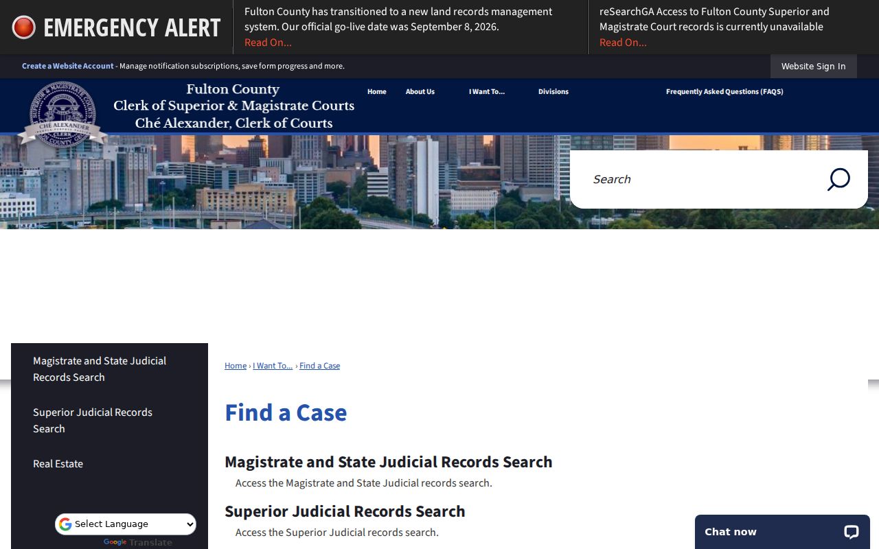 Georgia criminal court docket search links on a Fulton County Clerk local case-finder page