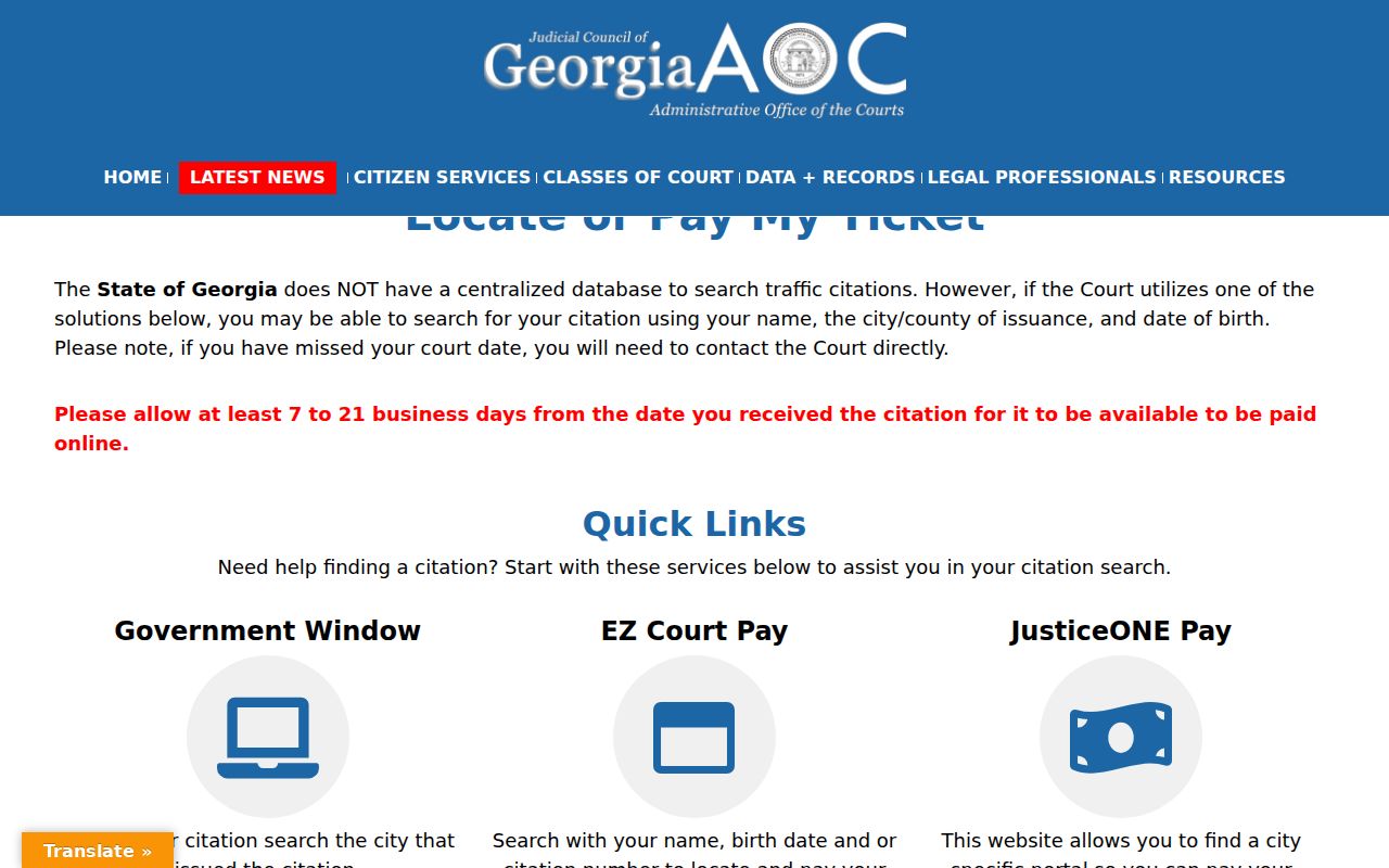Georgia traffic court record lookup on the official judiciary ticket page