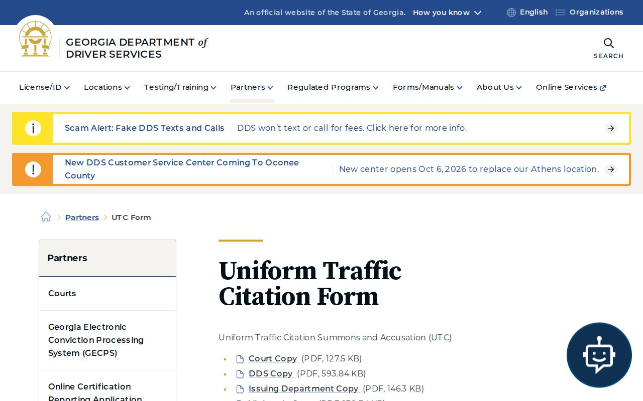 Georgia traffic court record and driver copy options on the Uniform Traffic Citation page