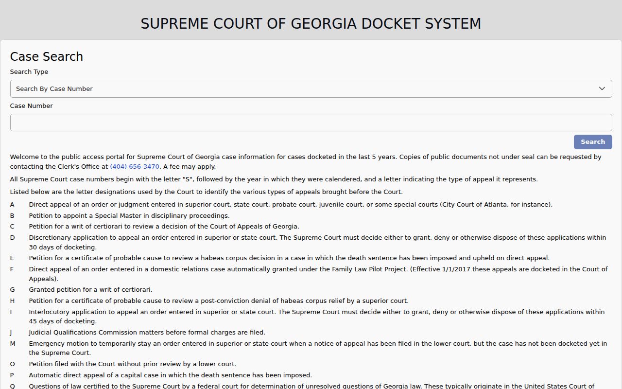 Georgia appellate court docket search on the Supreme Court public system