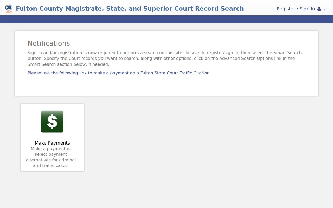 Georgia criminal docket portal entry shown in the Fulton County Tyler search interface