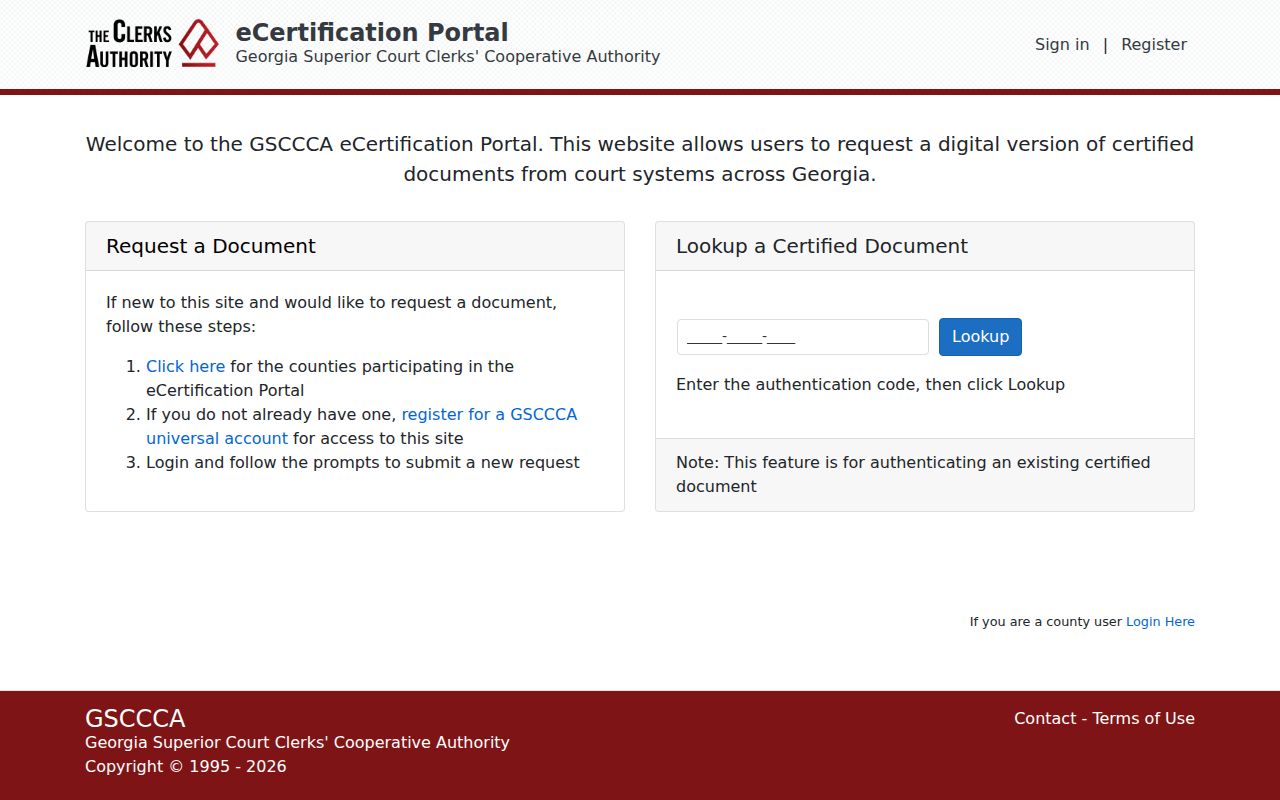 Georgia certified court records through the GSCCCA eCertification service